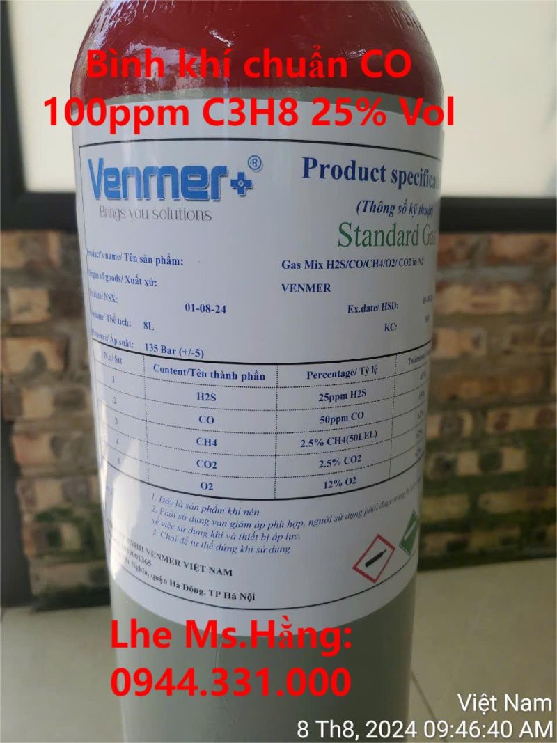 Bình khí chuẩn CO 100ppm C3H8 25% Vol