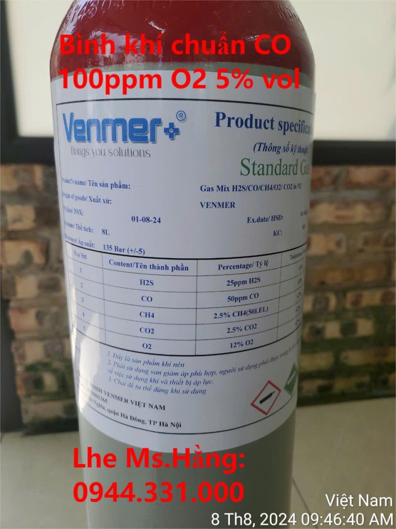 Bình khí chuẩn CO 100ppm O2 5% vol