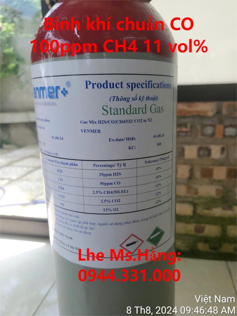 Bình khí chuẩn CO 100ppm CH4 11 vol% 