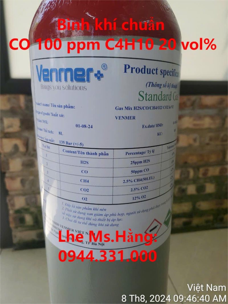 Bình khí chuẩn CO 100 ppm C4H10 20 vol