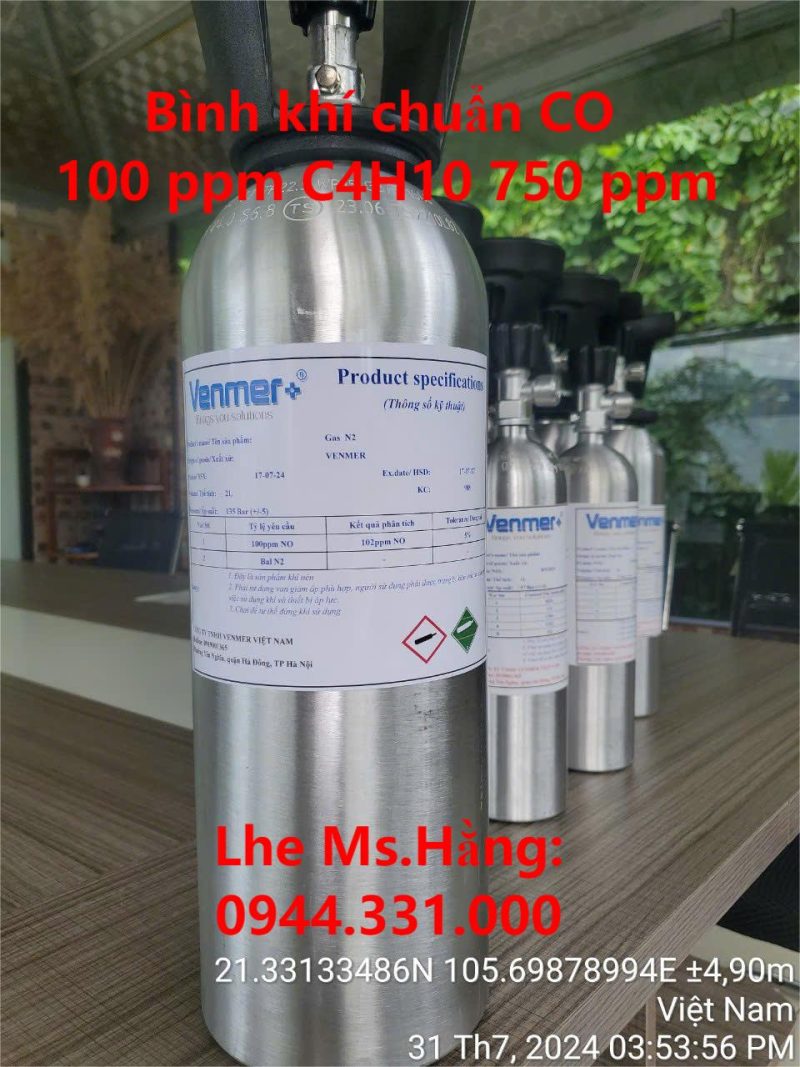 Bình khí chuẩn CO 100 ppm C4H10 750 ppm