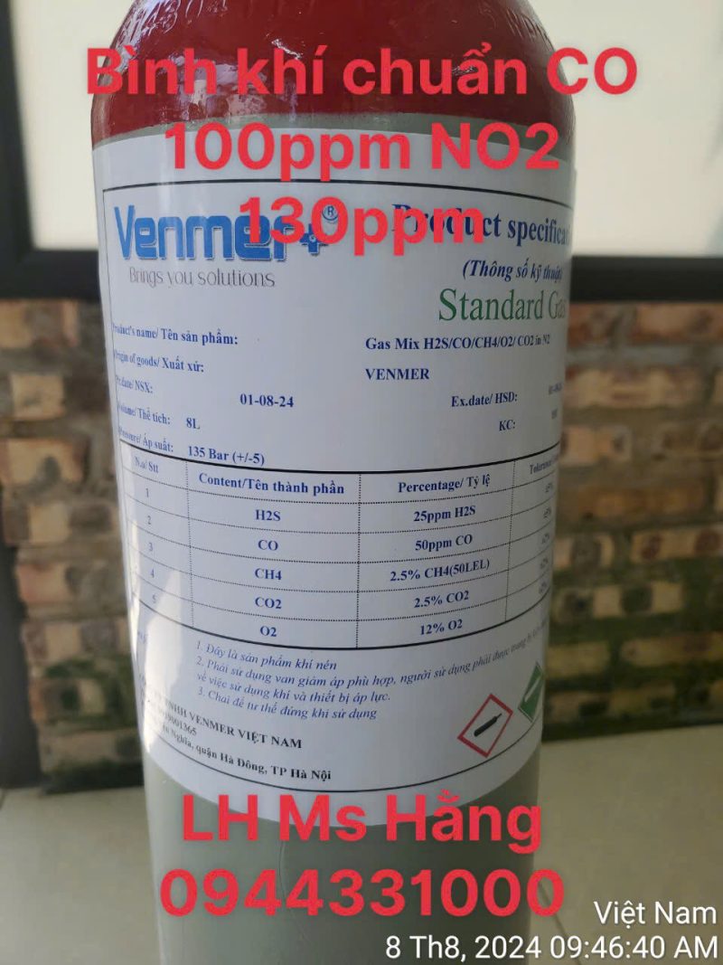 Bình khí chuẩn CO 100ppm NO2 130ppm