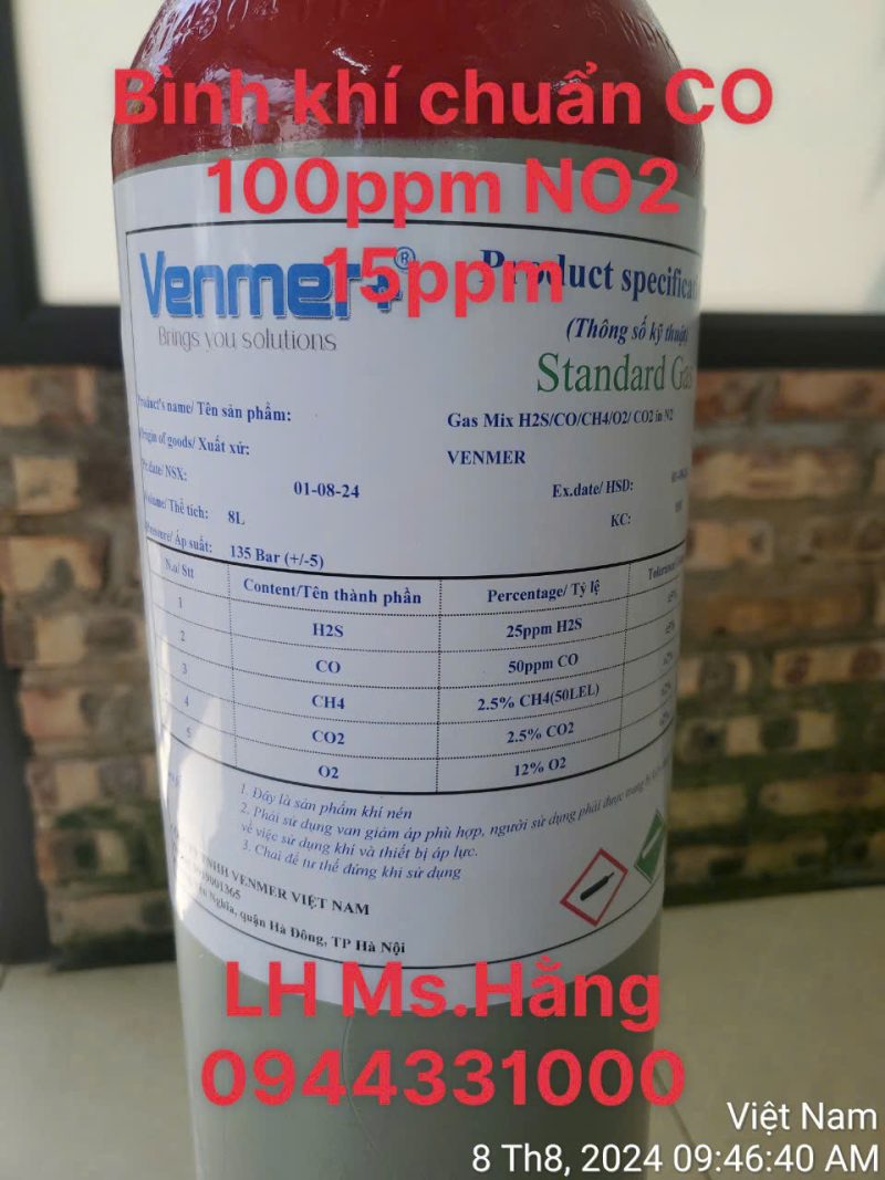 Bình khí chuẩn CO 100ppm NO2 15ppm