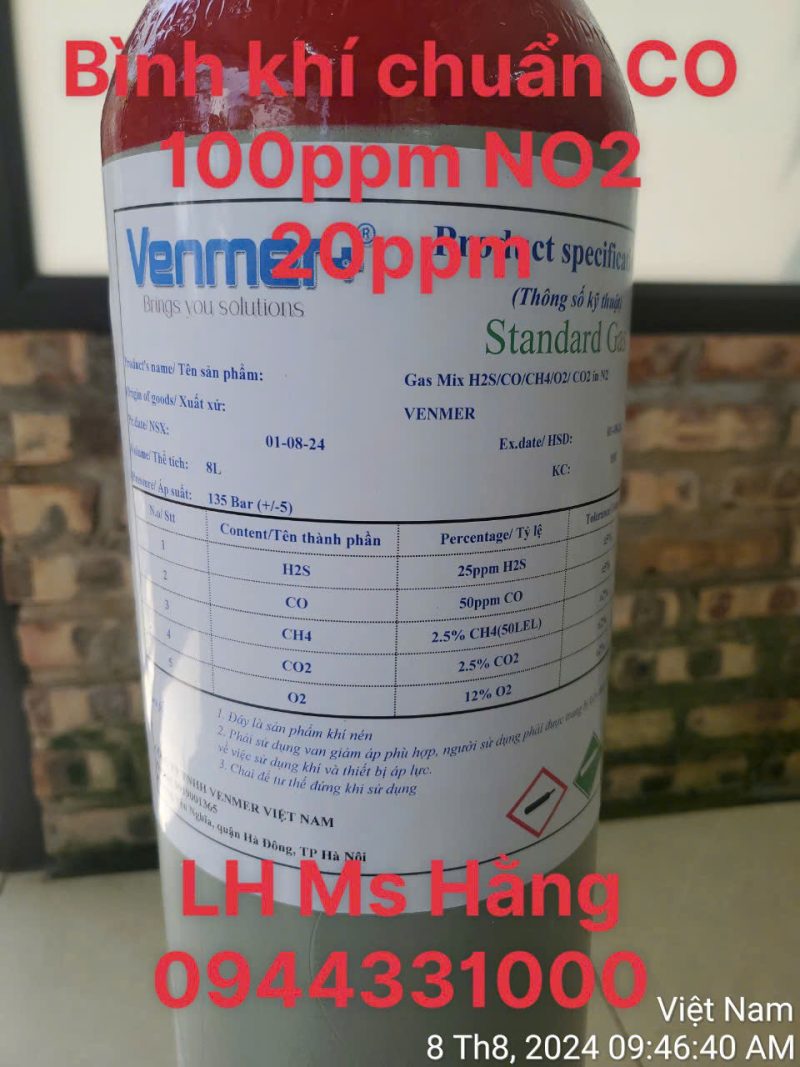 Bình khí chuẩn CO 100ppm NO2 20ppm