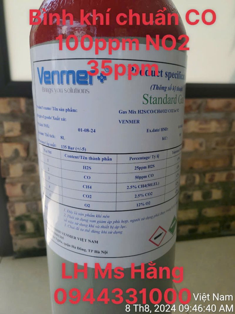 Bình khí chuẩn CO 100ppm NO2 35ppm