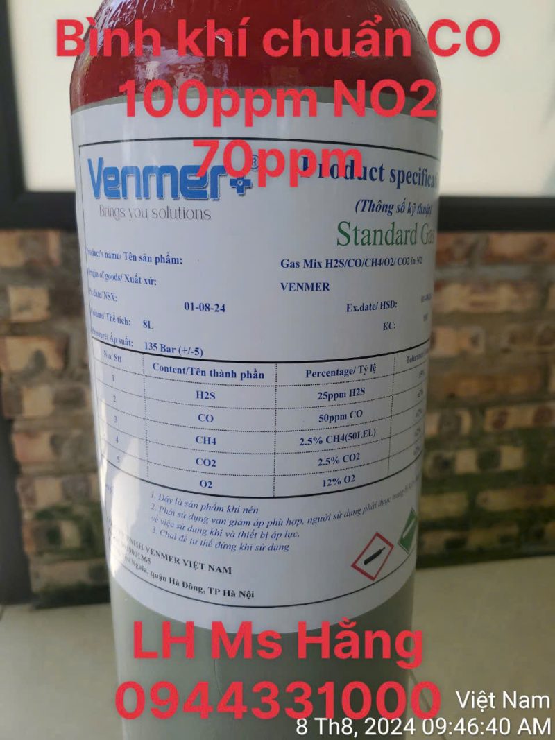 Bình khí chuẩn CO 100ppm NO2 70ppm