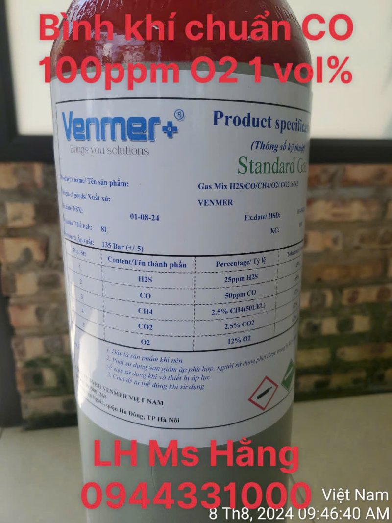 Bình khí chuẩn CO 100ppm O2 1 vol%