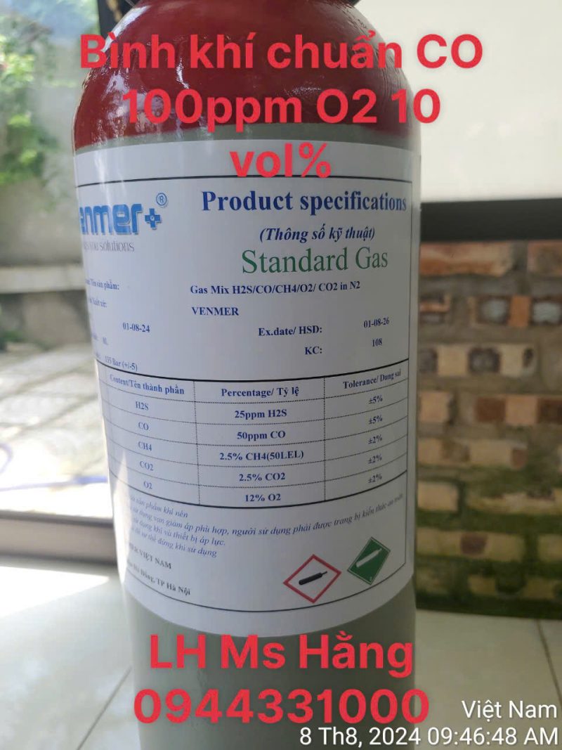 Bình khí chuẩn CO 100ppm O2 10 vol%