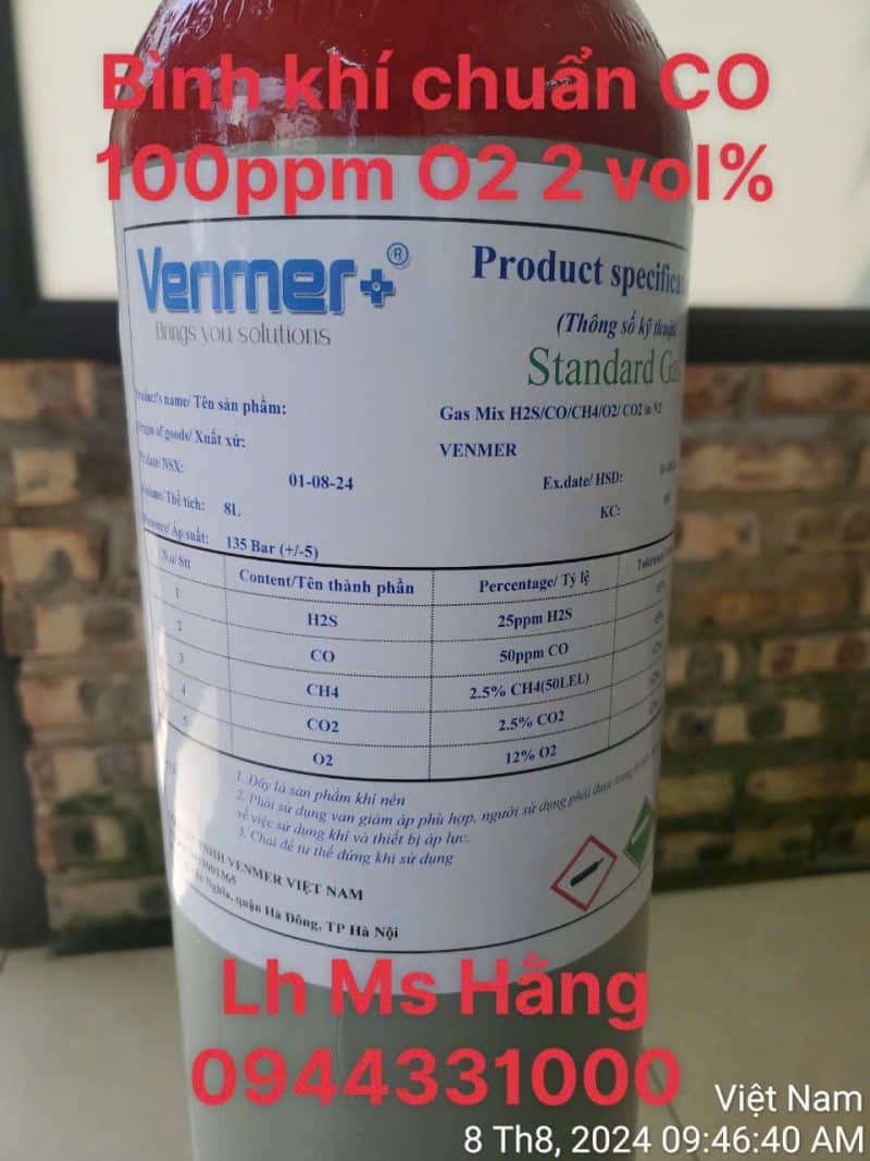 Bình khí chuẩn CO 100ppm O2 2 vol%