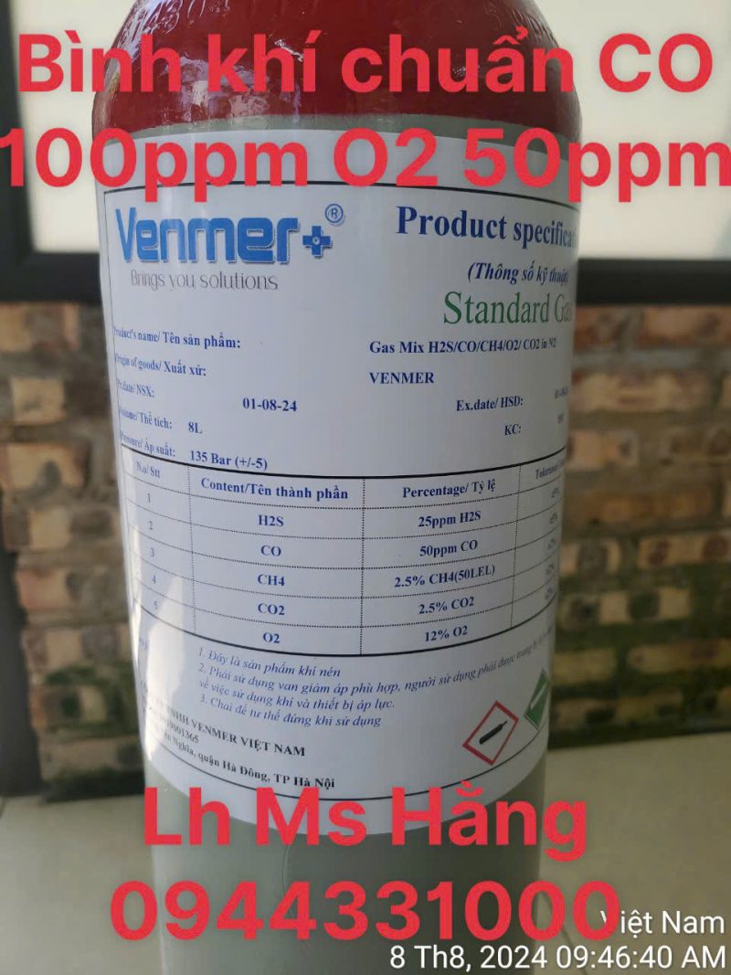 Bình khí chuẩn CO 100ppm O2 50ppm