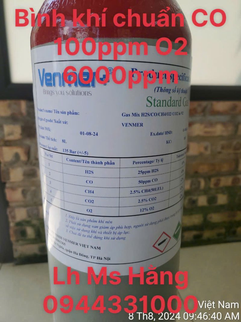 Bình khí chuẩn CO 100ppm O2 6000ppm