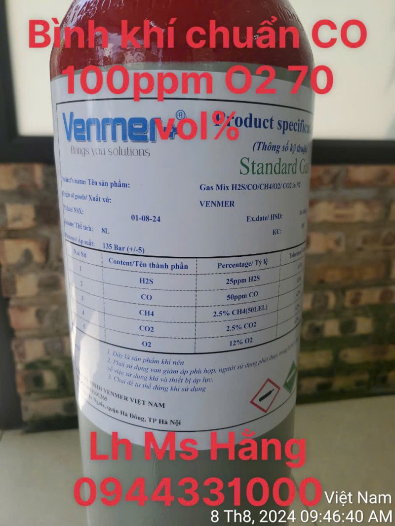 Bình khí chuẩn CO 100ppm O2 70 vol%