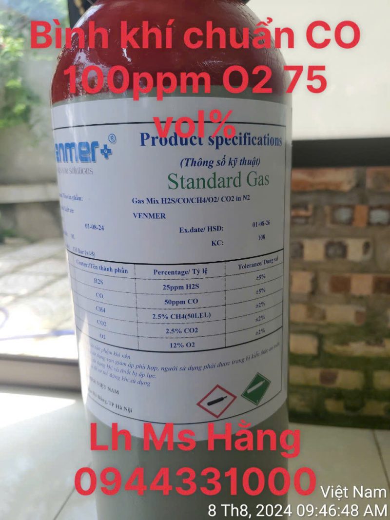 Bình khí chuẩn CO 100ppm O2 75 vol%