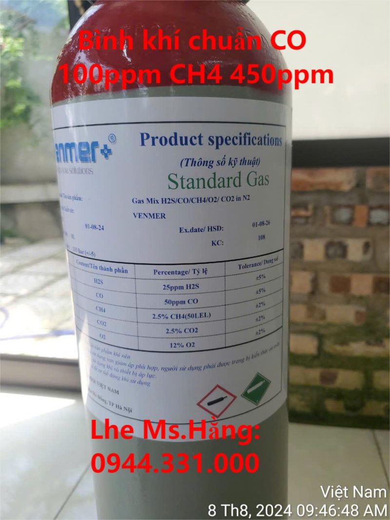 Bình khí chuẩn CO 100ppm CH4 450ppm